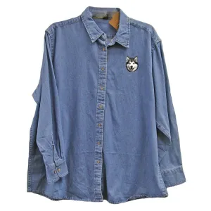 Alaskan Malamute Embroidered Ladies Denim Shirts