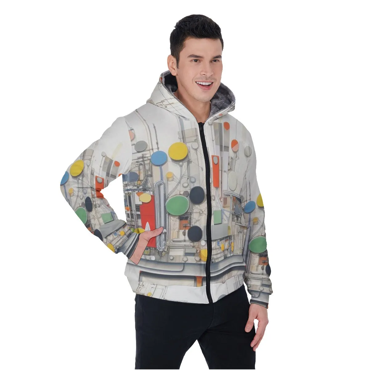 All-Over Print Men's Sherpa Fleece Zip Up Hoodie, multicolored, abstract, print, #25Q