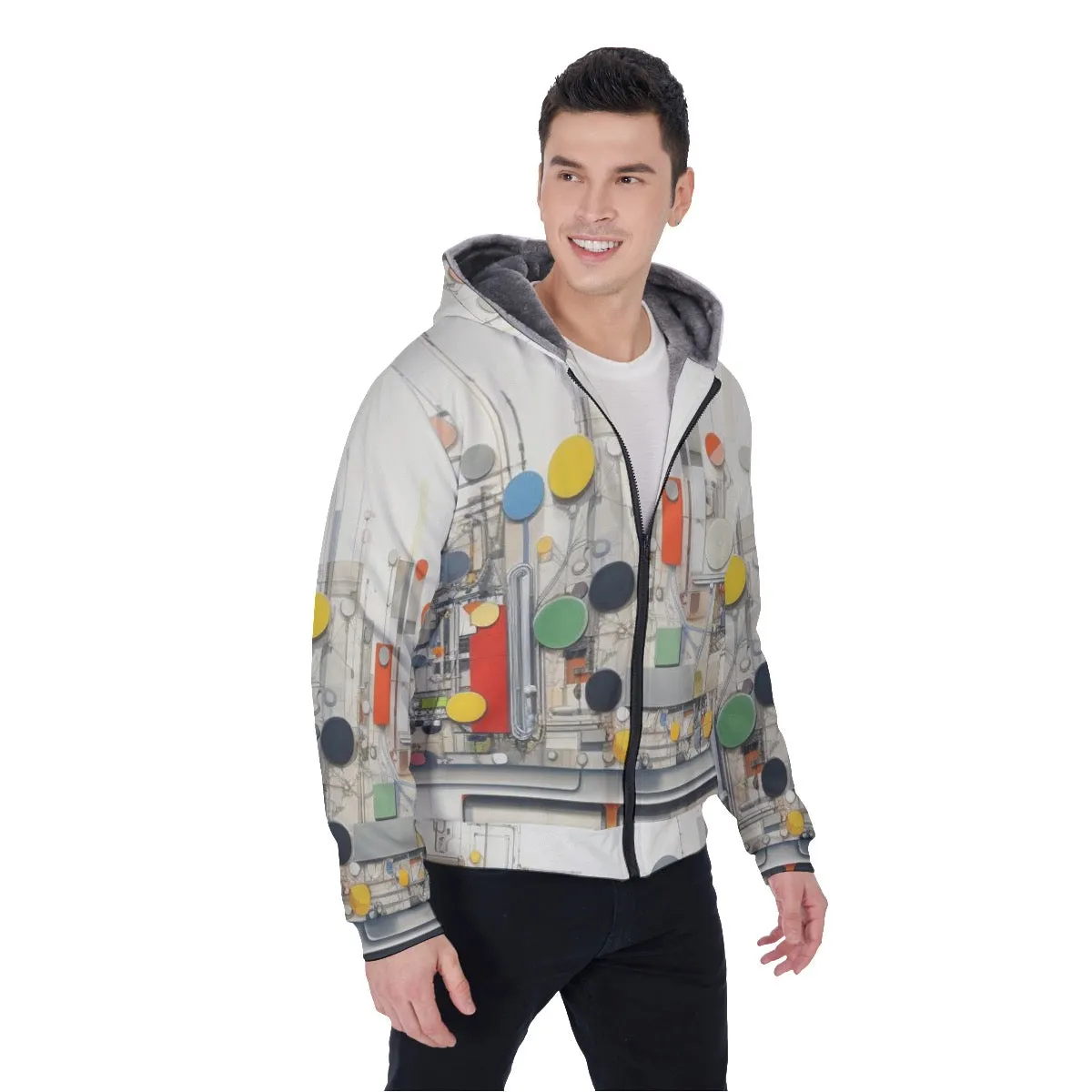 All-Over Print Men's Sherpa Fleece Zip Up Hoodie, multicolored, abstract, print, #25Q