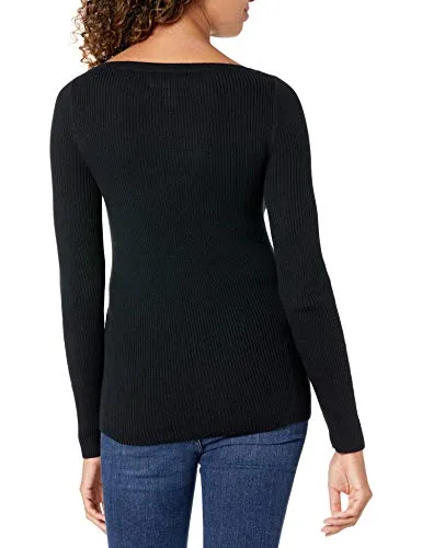 Amazon Essentials Women's Lightweight Ribbed Long-Sleeve Boat Neck Slim-Fit Sweater, Black, X-Small