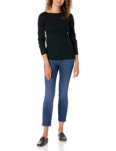 Amazon Essentials Women's Lightweight Ribbed Long-Sleeve Boat Neck Slim-Fit Sweater, Black, X-Small