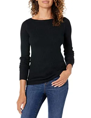 Amazon Essentials Women's Lightweight Ribbed Long-Sleeve Boat Neck Slim-Fit Sweater, Black, X-Small