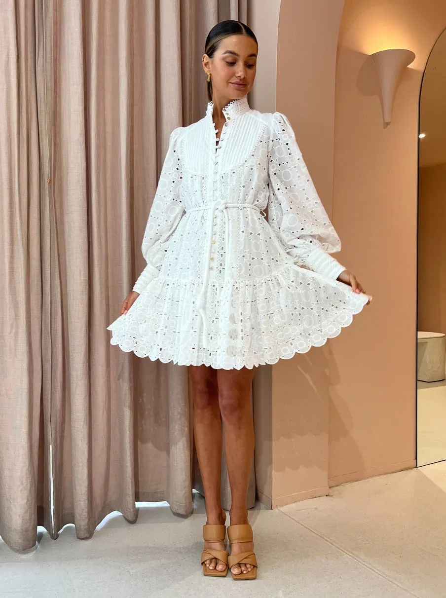 Aofur Women's Embroidery Floral Print Long Lantern Sleeve Wedding Party Shift Tunic Dress Casual Ruffle Swing Mini Dress