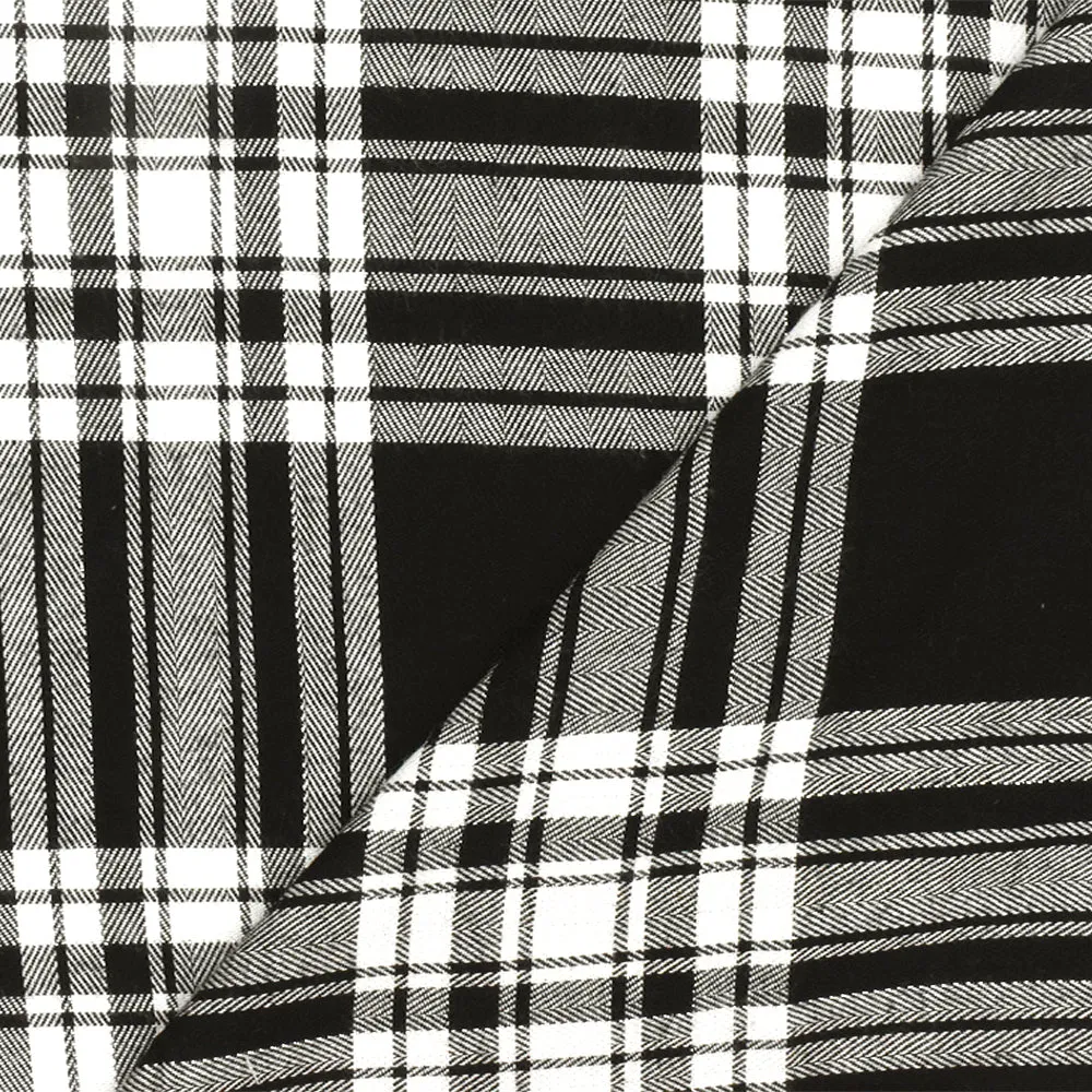 Black-White-Silver Famous Designer Plaid Herringbone Rayon Twill Fabric