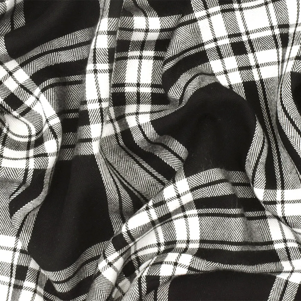 Black-White-Silver Famous Designer Plaid Herringbone Rayon Twill Fabric