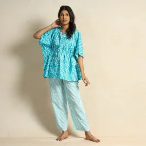 Blue - Block Printed Cotton Kaftan Pyjama Night Suit Set