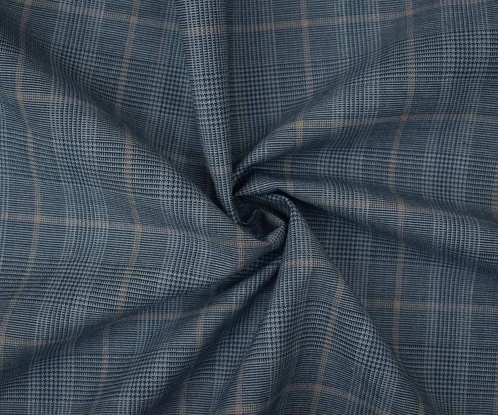 Blue-Orange-Multi Wool Poly Glen Plaid Check Shirting Woven Fabric