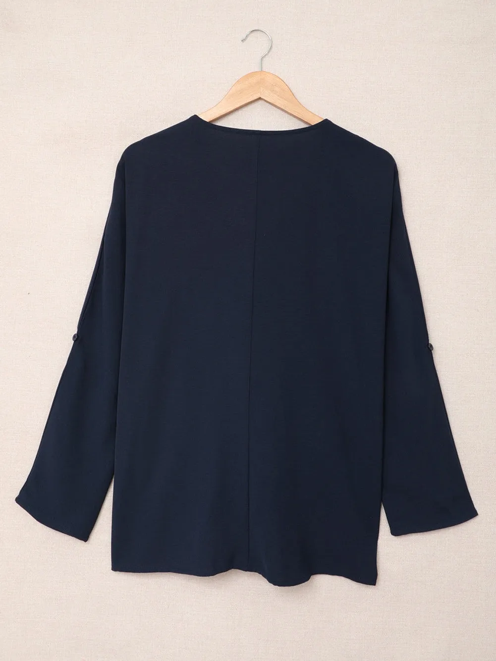 Blue V Neck High Low Hemline Shirt with Long Sleeves