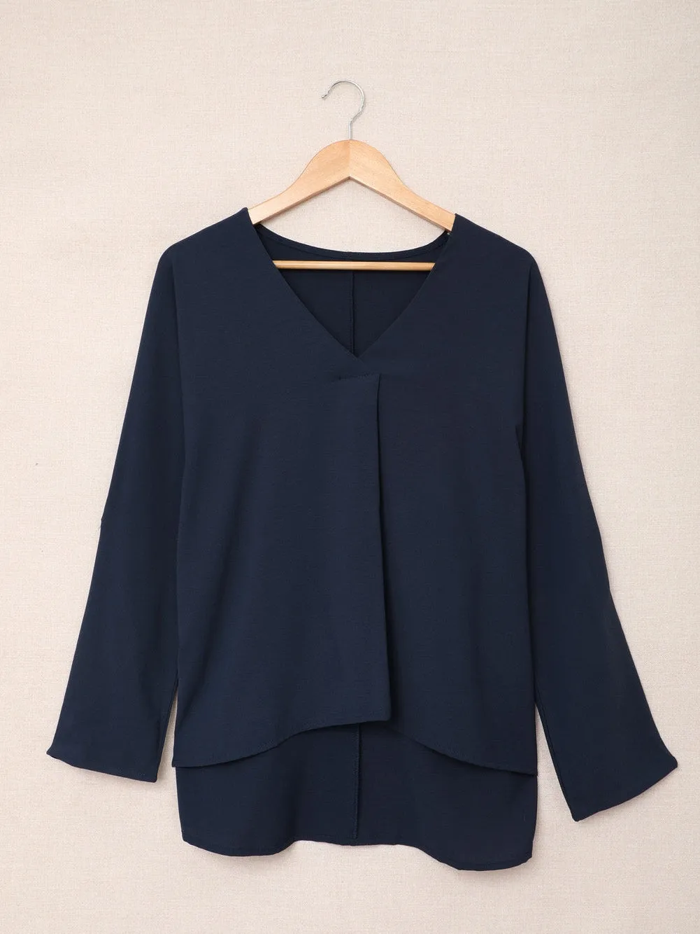 Blue V Neck High Low Hemline Shirt with Long Sleeves