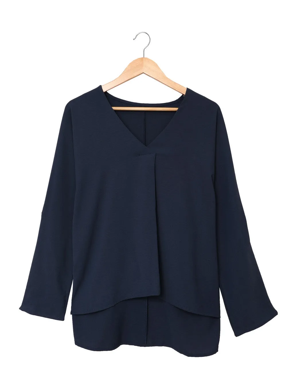 Blue V Neck High Low Hemline Shirt with Long Sleeves