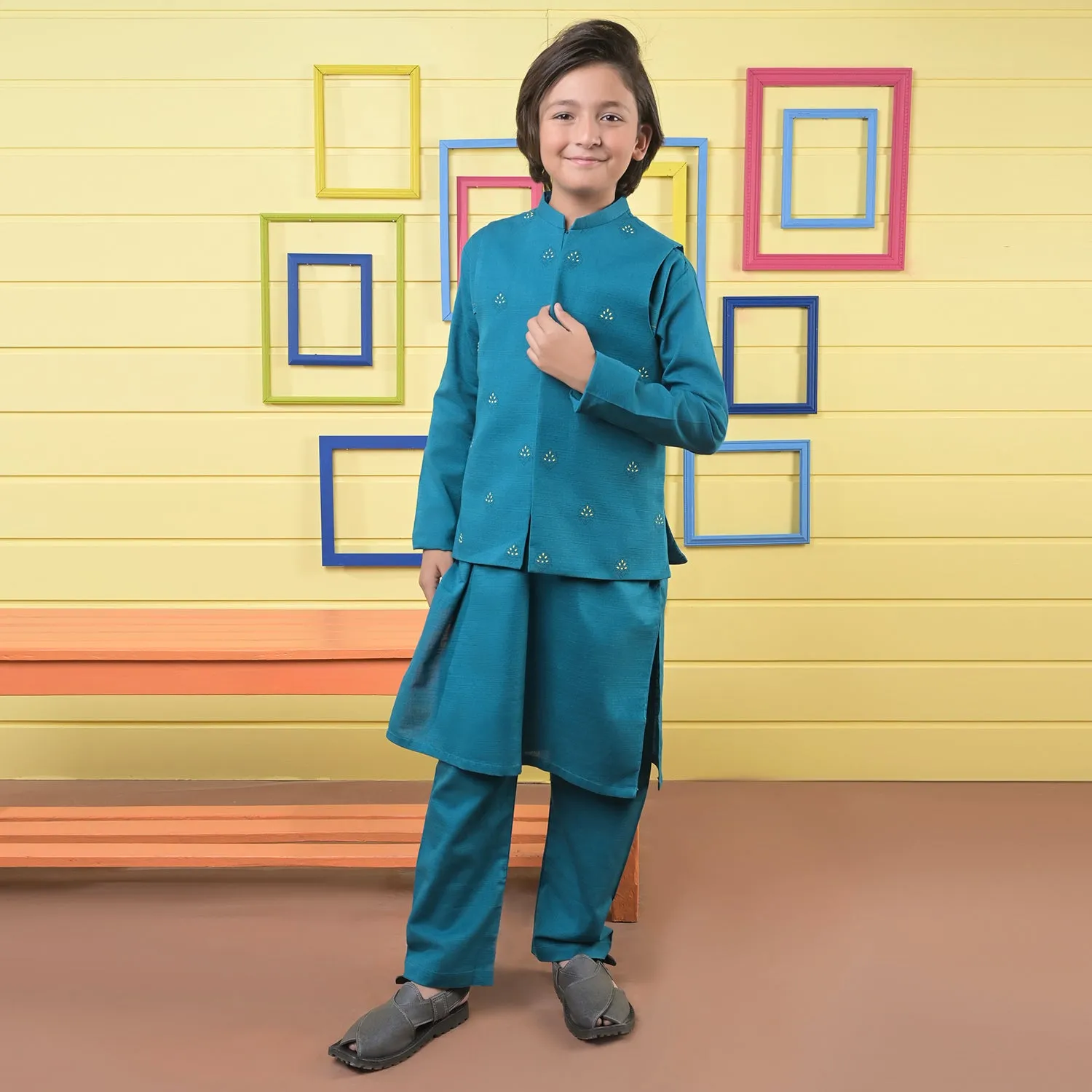 Boys Cotton Slub 3 Piece Suit -Teal