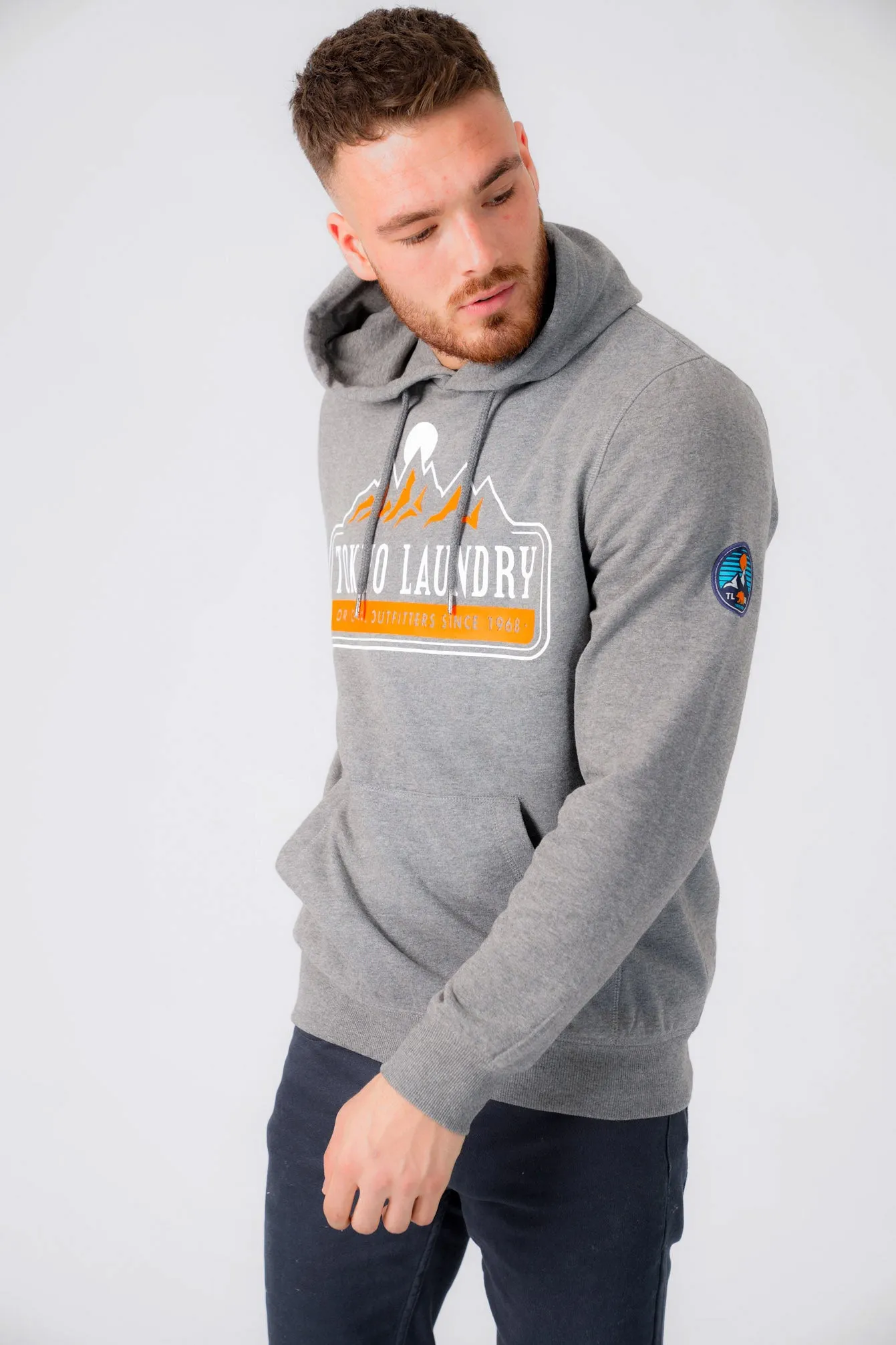 Brabyns Outdoor Motif Brush Back Fleece Pullover Hoodie In Mid Grey Marl - Tokyo Laundry