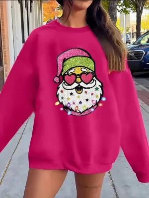 Christmas Santa Print Solid Color Sweatshirt