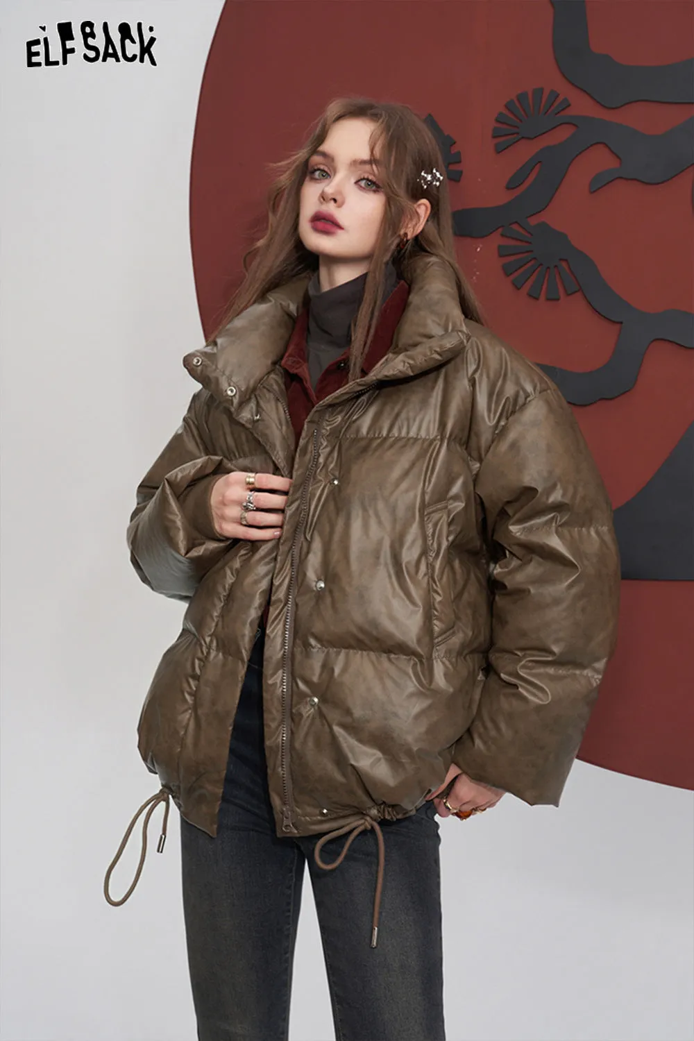 ELFSACK Brown Down Coats Women 2023 Winter Loose Designed Jackets