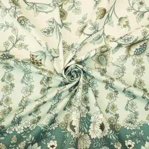 Green-Beige-Multi Floral Border Printed Cotton Sateen Woven Fabric