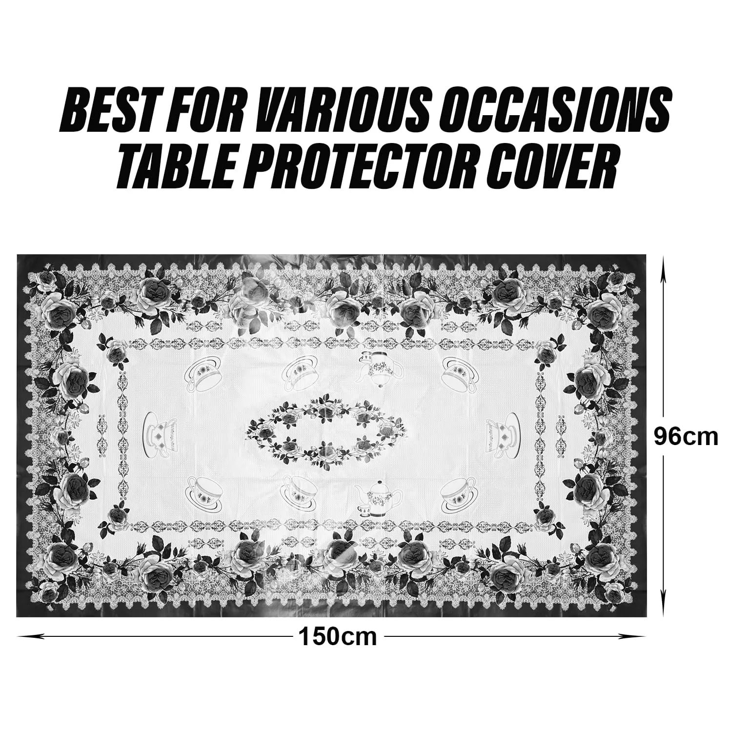 Heart Home Center Table Cover | PVC Cup Design with Floral Border Table Cover | Luxurious Table Protector Cover Without Lace for Home | 40x60 Inch | Black