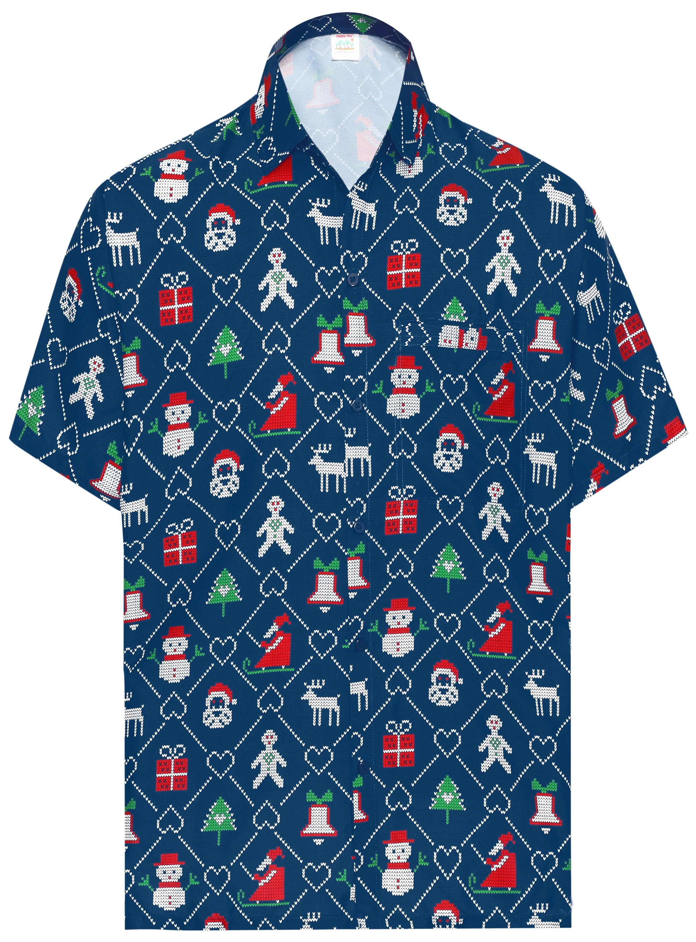 LA LEELA Hawaiian Shirt Mens Christmas Santa Claus Party Aloha Holiday Beach Xmas Blue_AA342