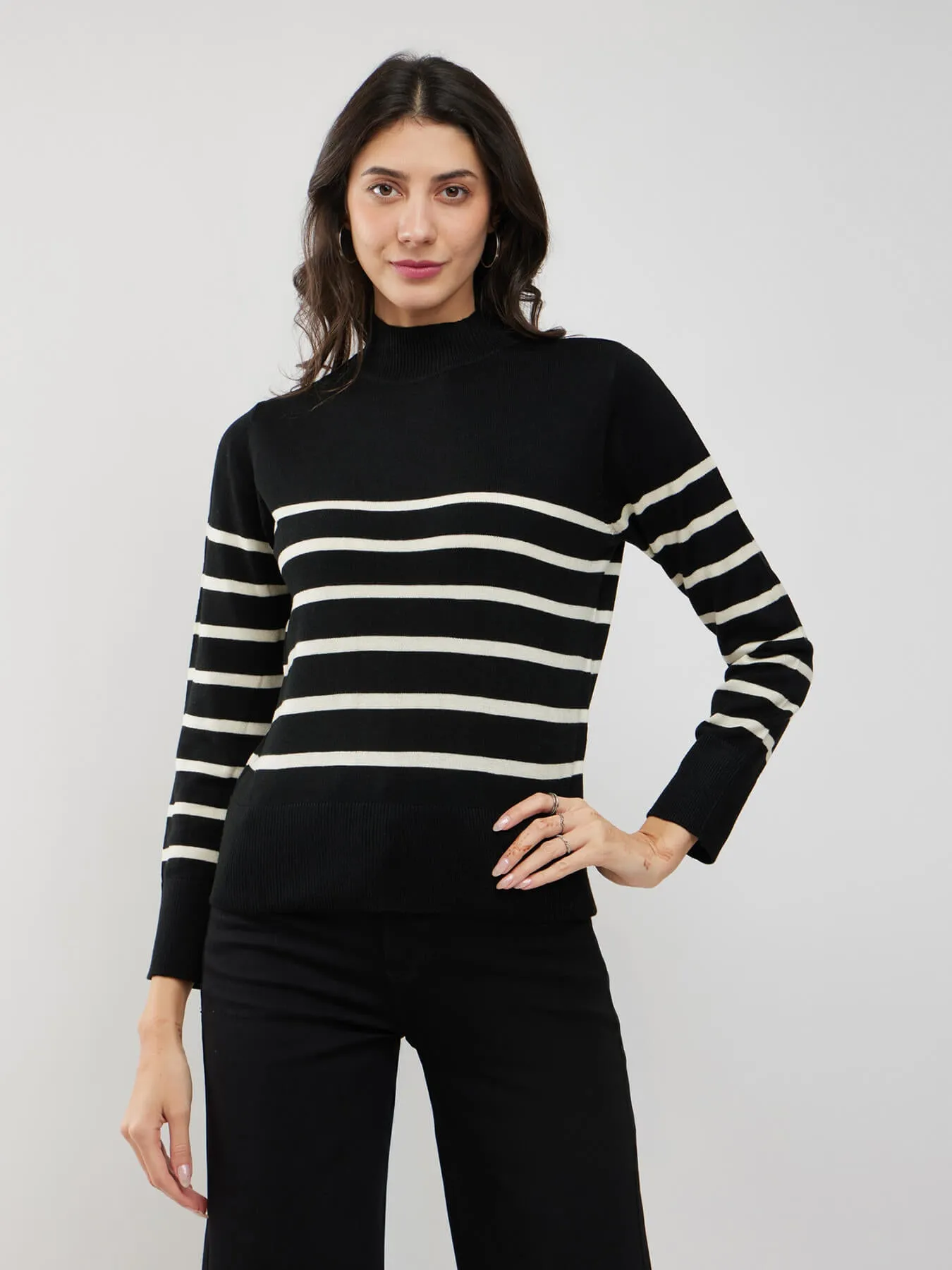 LivSoft High Neck Striped Sweater - Black