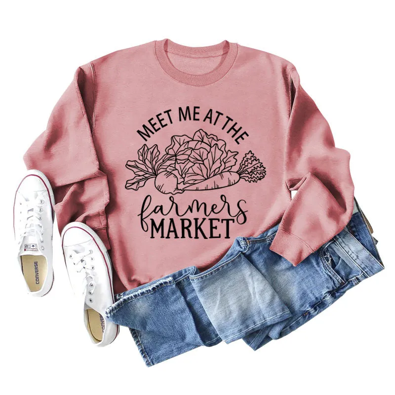 Meet Me At The Farmers Market Letters Carrot Print Loose Long-sleeved Sweater Women