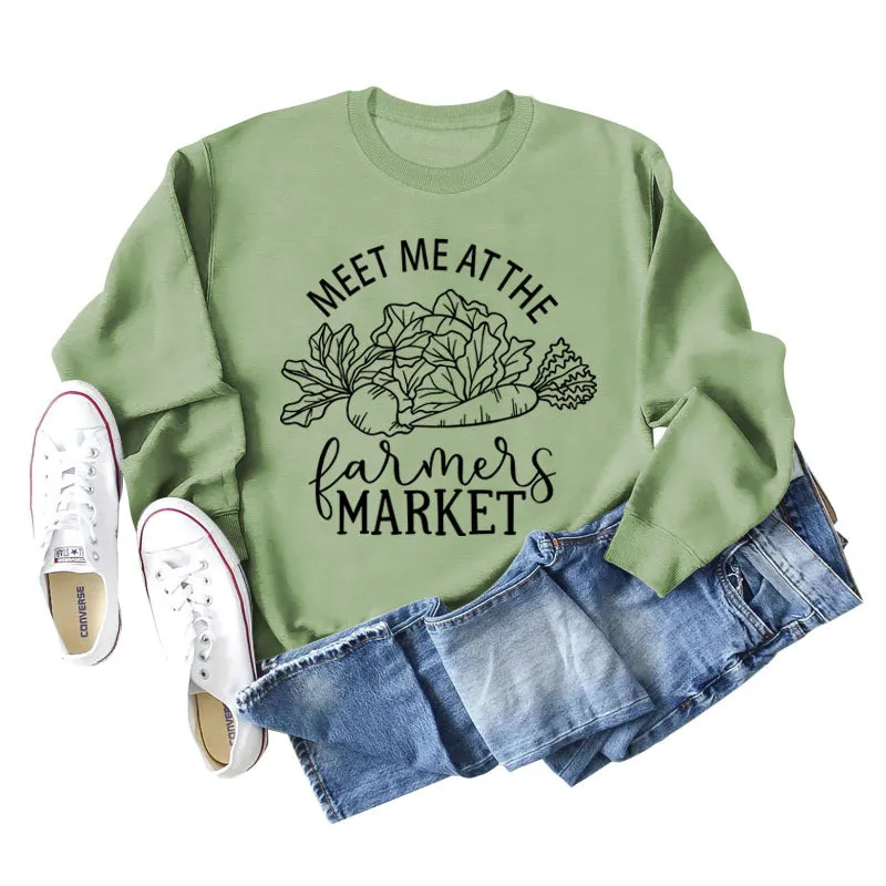 Meet Me At The Farmers Market Letters Carrot Print Loose Long-sleeved Sweater Women