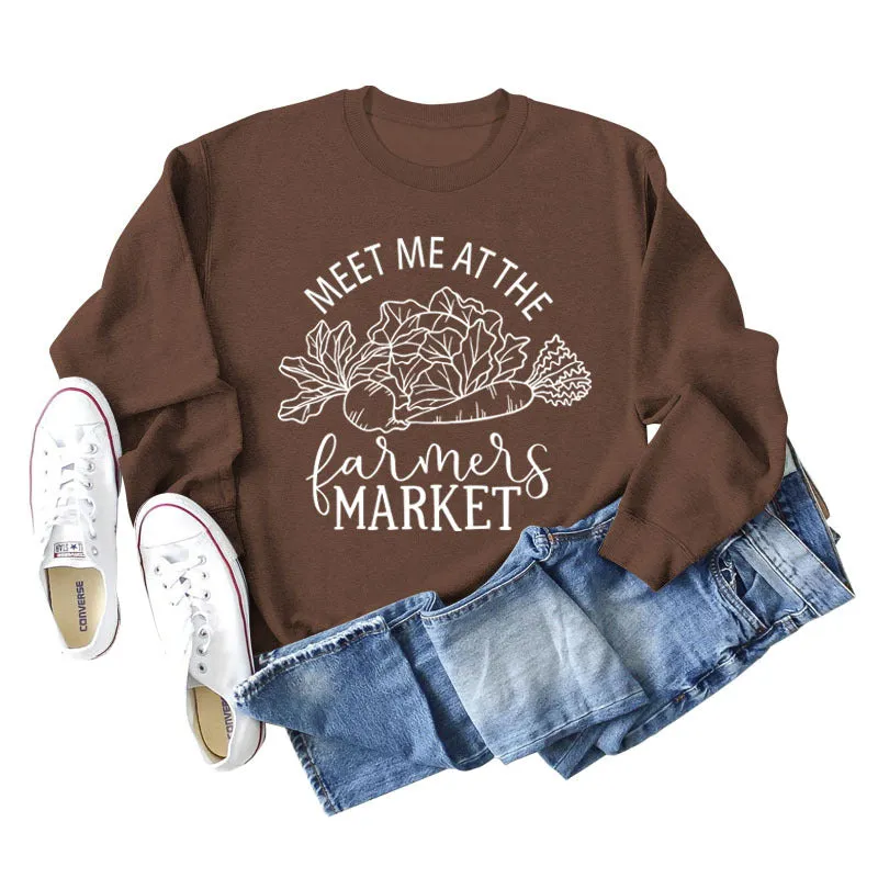 Meet Me At The Farmers Market Letters Carrot Print Loose Long-sleeved Sweater Women