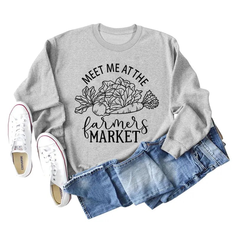 Meet Me At The Farmers Market Letters Carrot Print Loose Long-sleeved Sweater Women