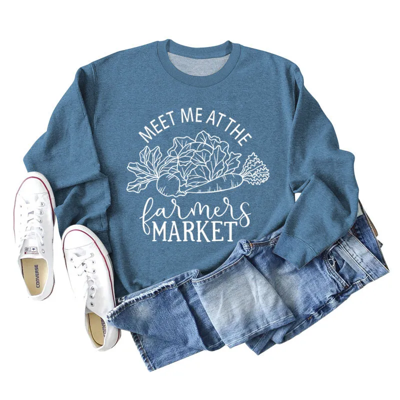 Meet Me At The Farmers Market Letters Carrot Print Loose Long-sleeved Sweater Women