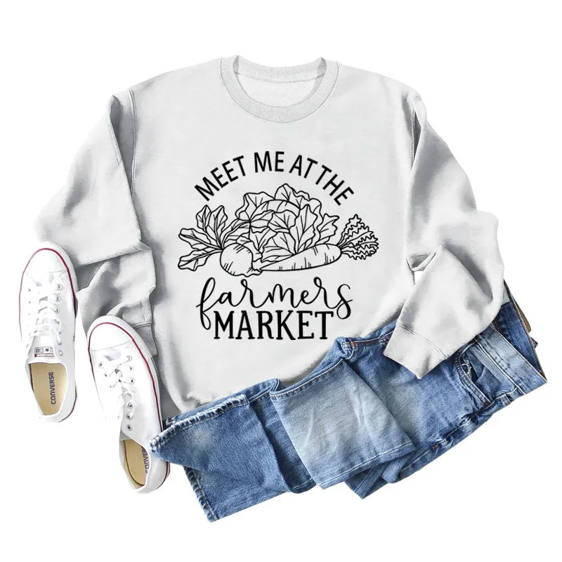 Meet Me At The Farmers Market Letters Carrot Print Loose Long-sleeved Sweater Women