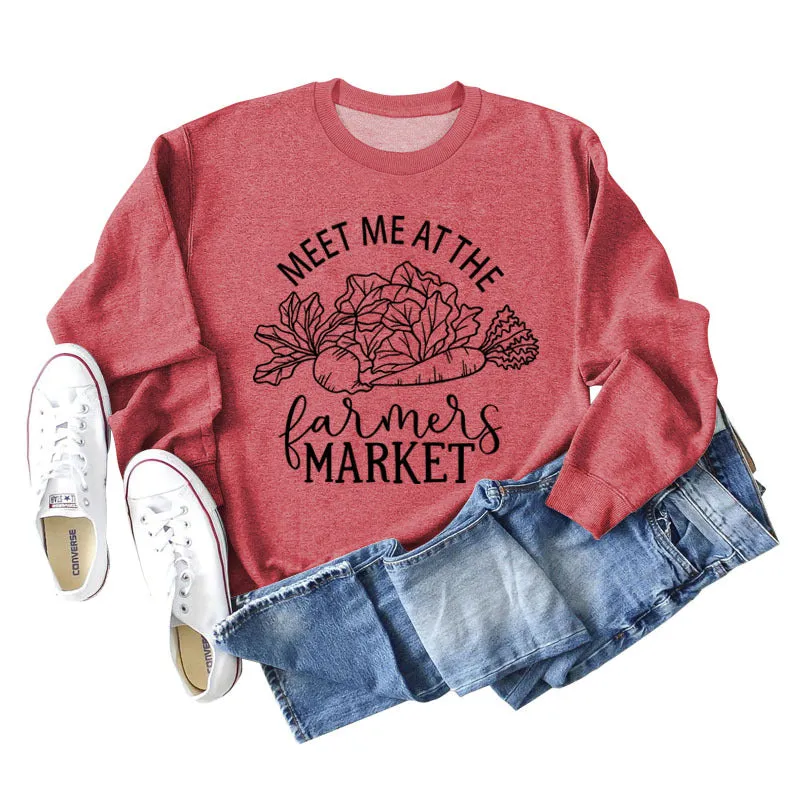 Meet Me At The Farmers Market Letters Carrot Print Loose Long-sleeved Sweater Women