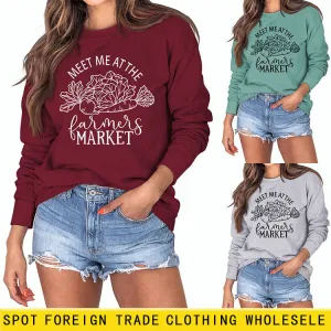 Meet Me At The Farmers Market Letters Carrot Print Loose Long-sleeved Sweater Women