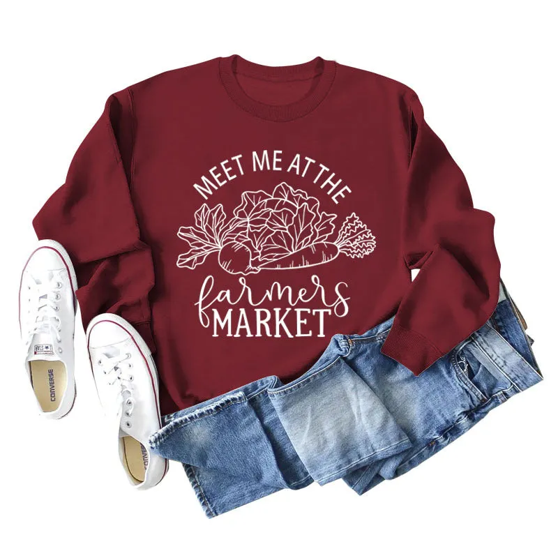 Meet Me At The Farmers Market Letters Carrot Print Loose Long-sleeved Sweater Women