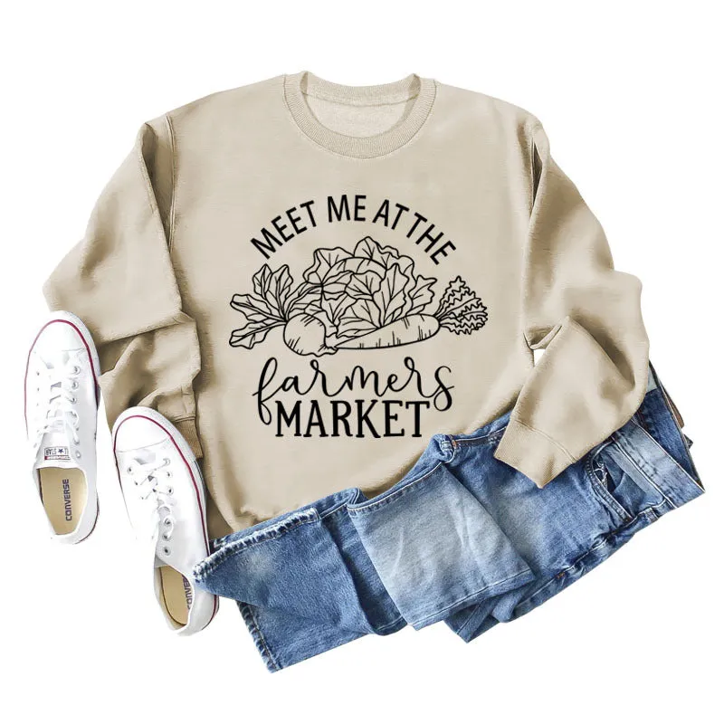 Meet Me At The Farmers Market Letters Carrot Print Loose Long-sleeved Sweater Women