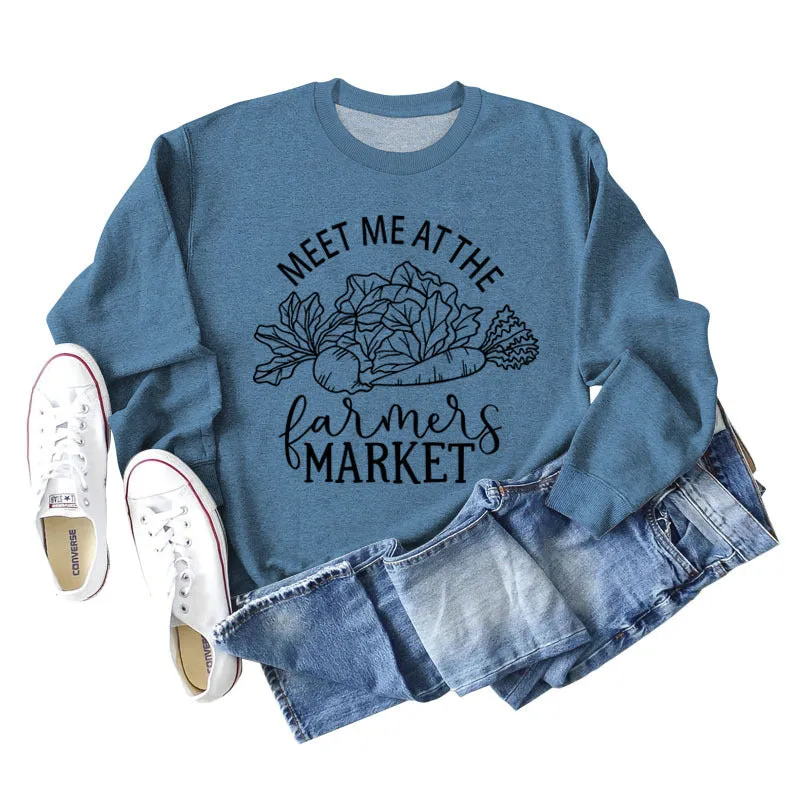 Meet Me At The Farmers Market Letters Carrot Print Loose Long-sleeved Sweater Women