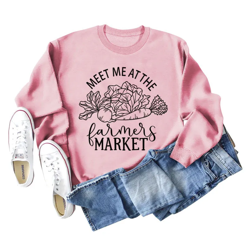 Meet Me At The Farmers Market Letters Carrot Print Loose Long-sleeved Sweater Women