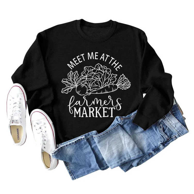 Meet Me At The Farmers Market Letters Carrot Print Loose Long-sleeved Sweater Women