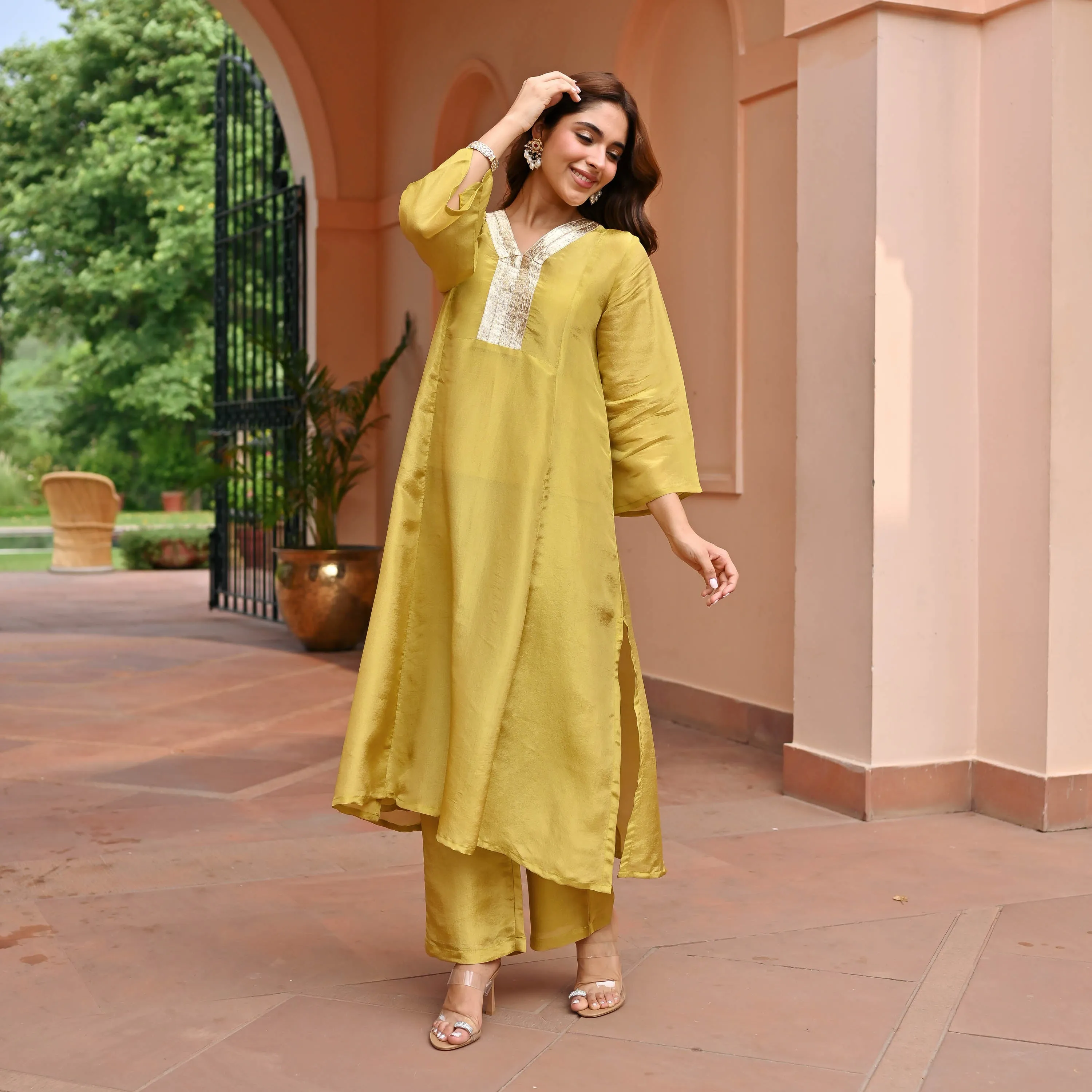 Mustard Tissue Silk Kurta Set