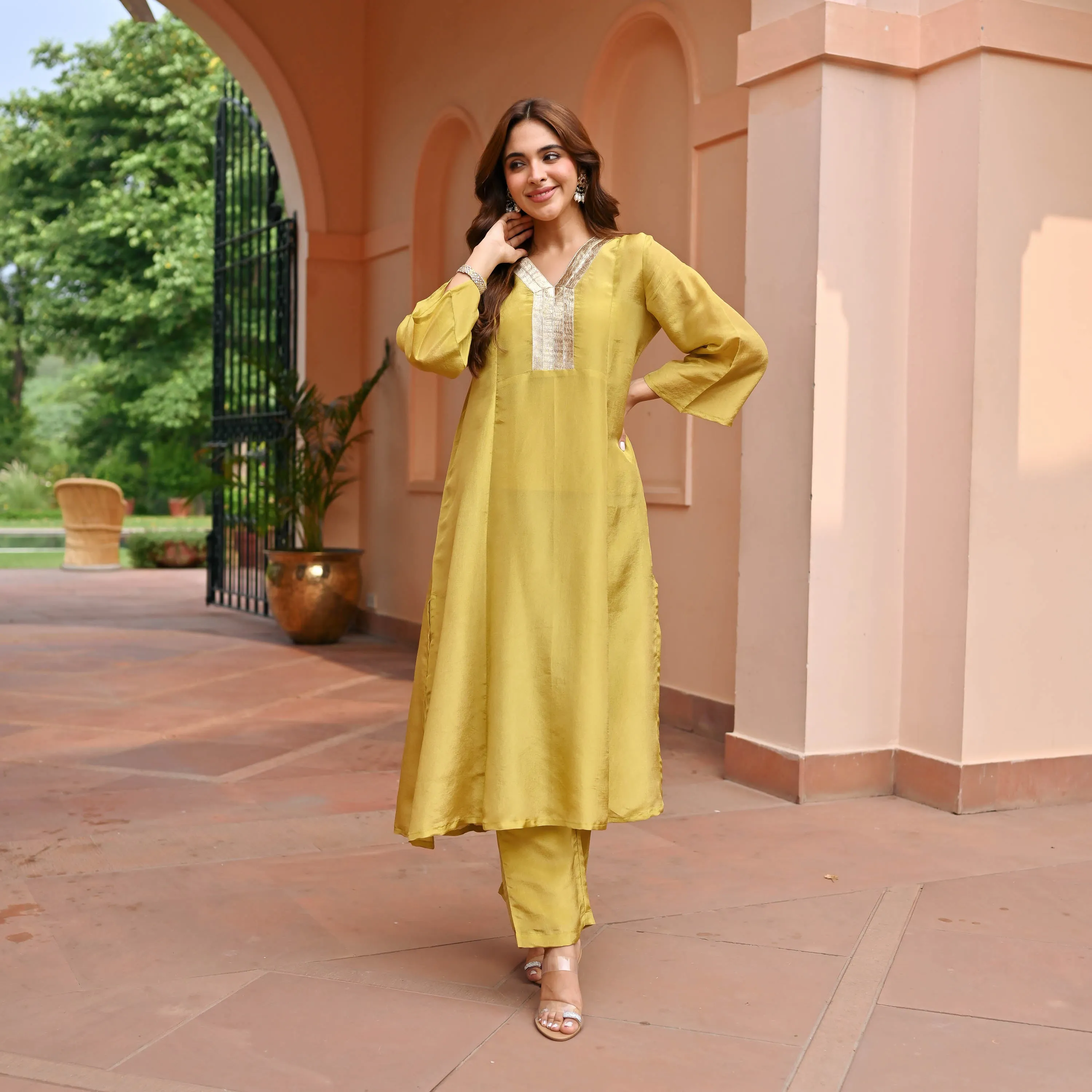 Mustard Tissue Silk Kurta Set