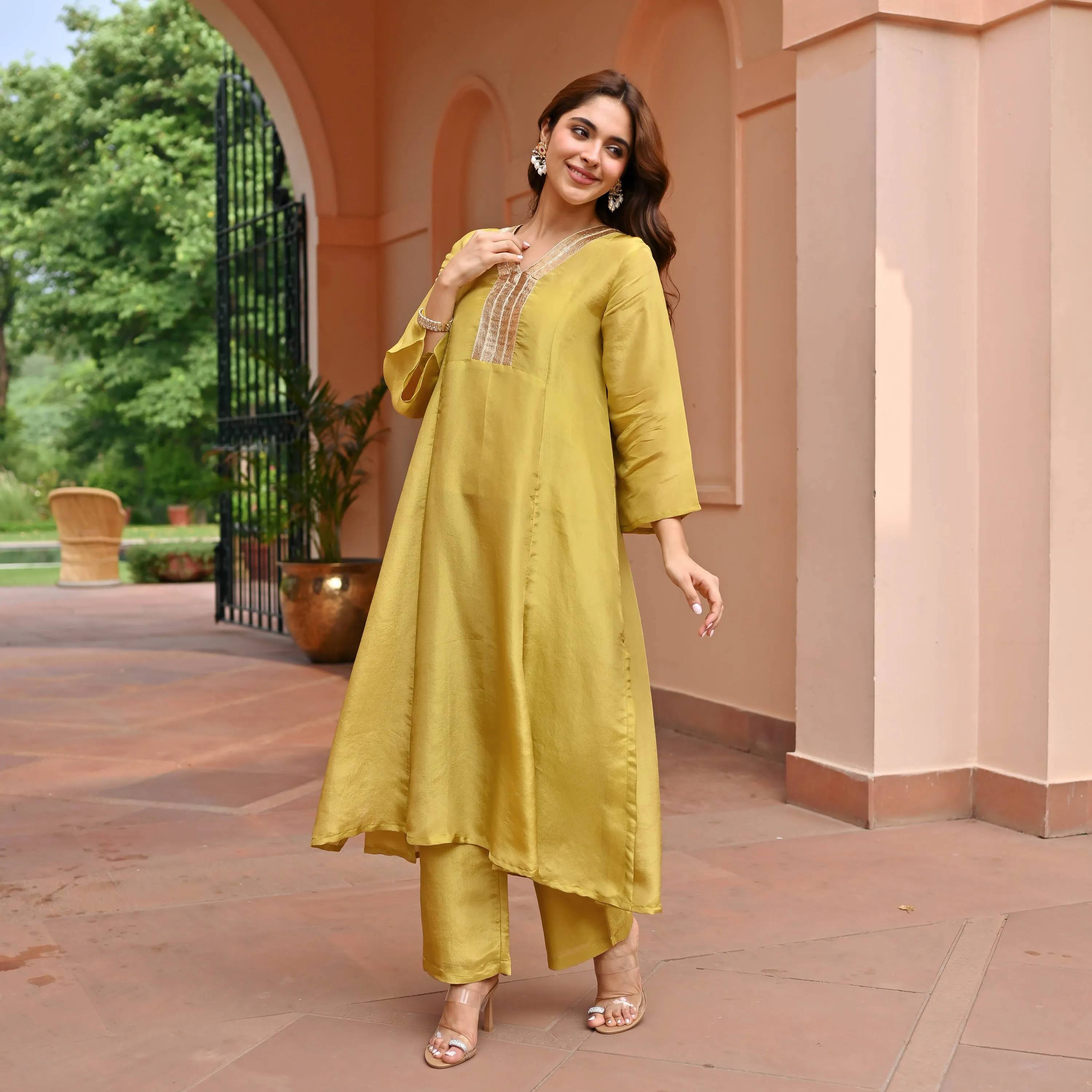 Mustard Tissue Silk Kurta Set