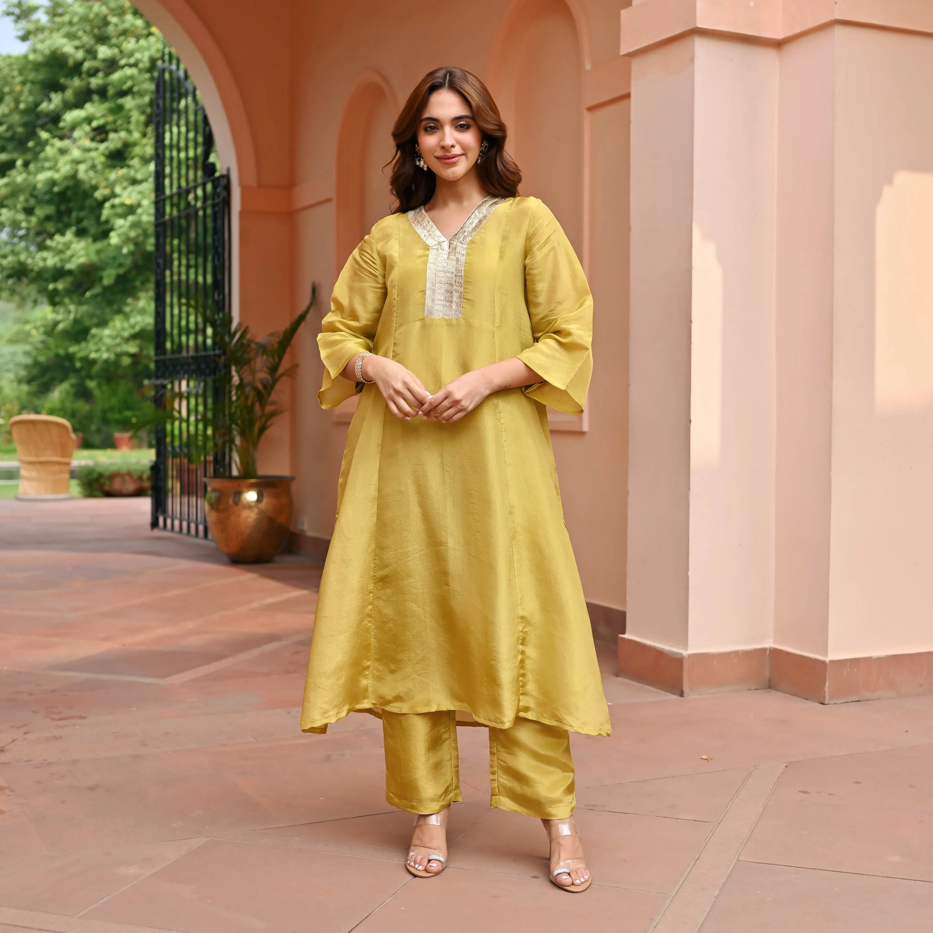 Mustard Tissue Silk Kurta Set