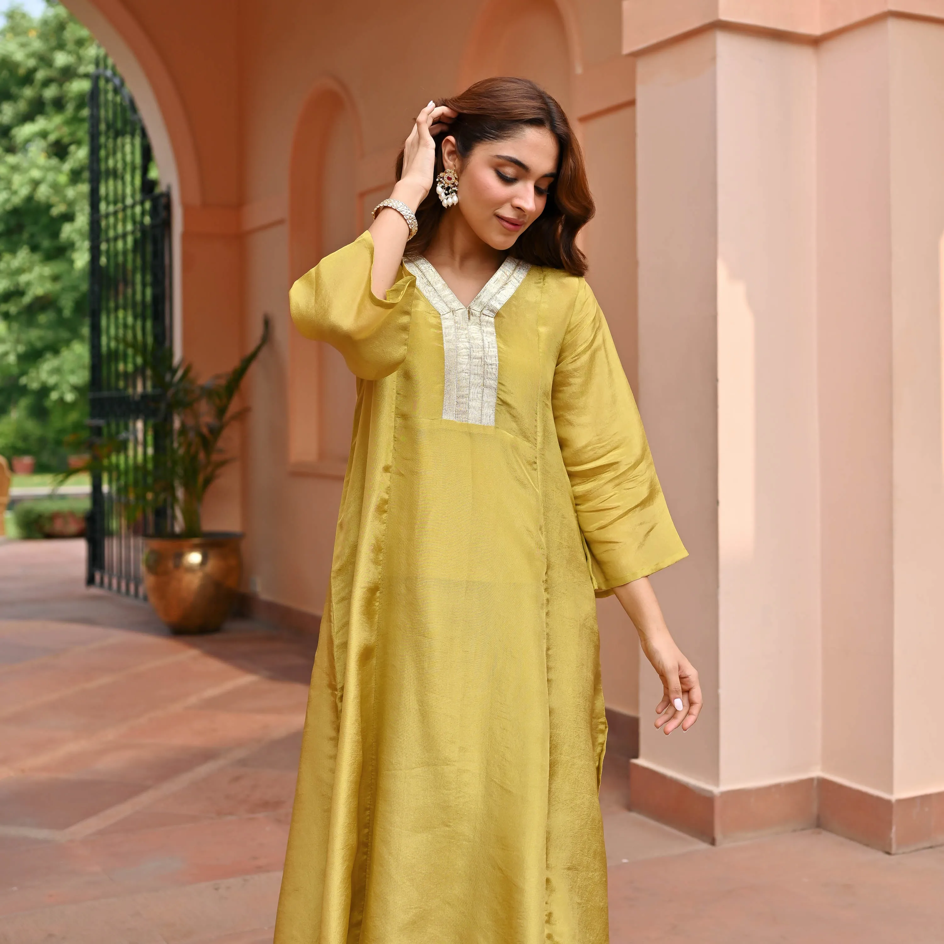 Mustard Tissue Silk Kurta Set