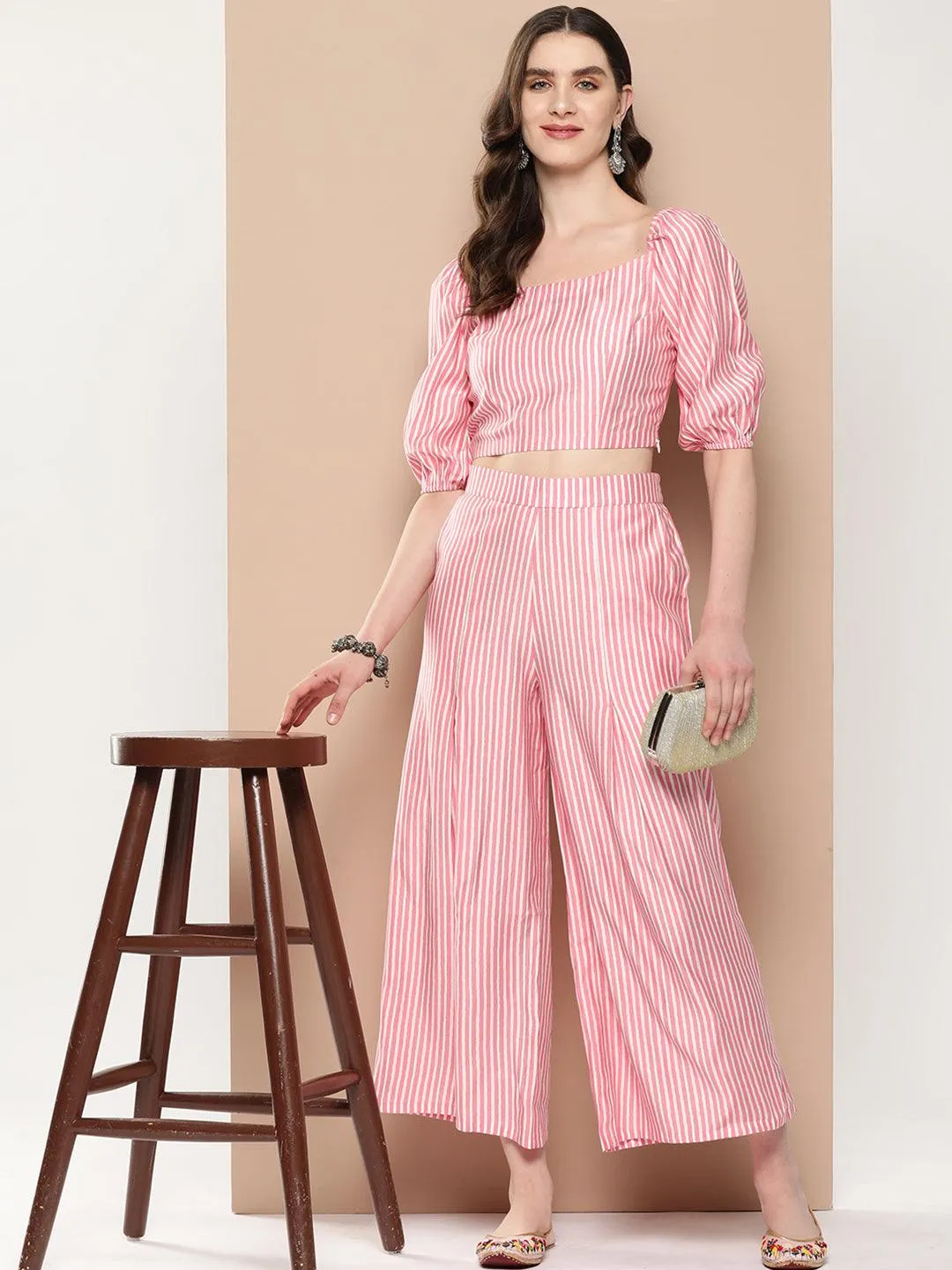 Pink Striped Polyester Top With Palazzos