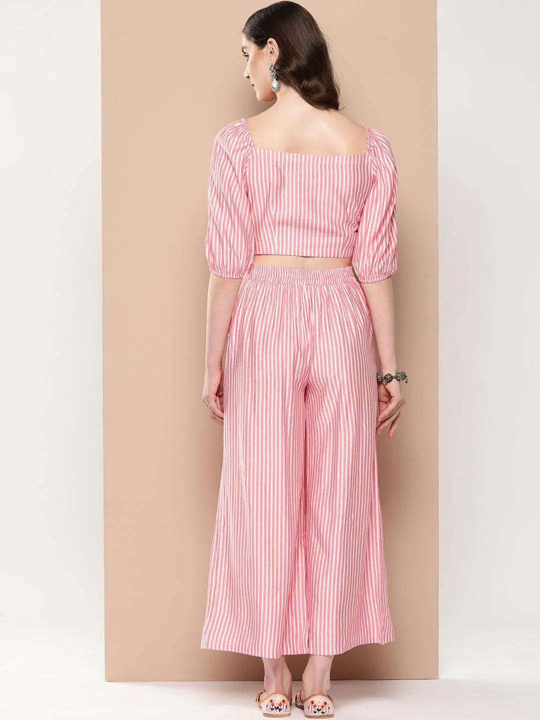 Pink Striped Polyester Top With Palazzos