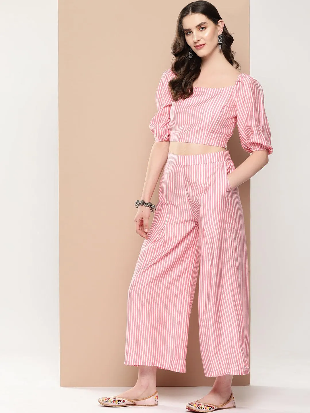 Pink Striped Polyester Top With Palazzos