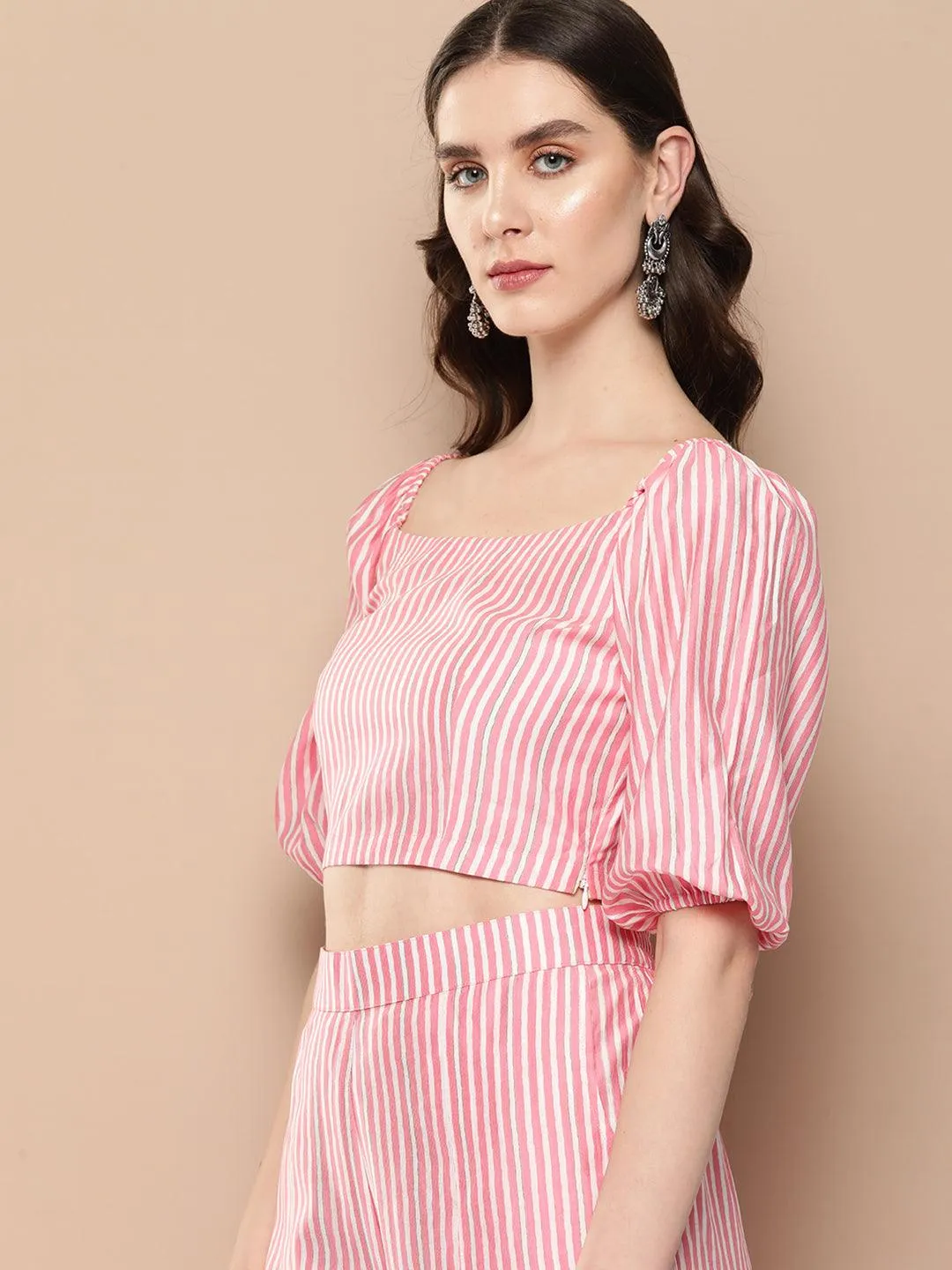 Pink Striped Polyester Top With Palazzos