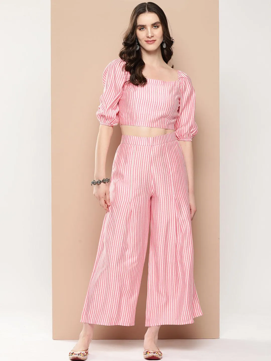 Pink Striped Polyester Top With Palazzos