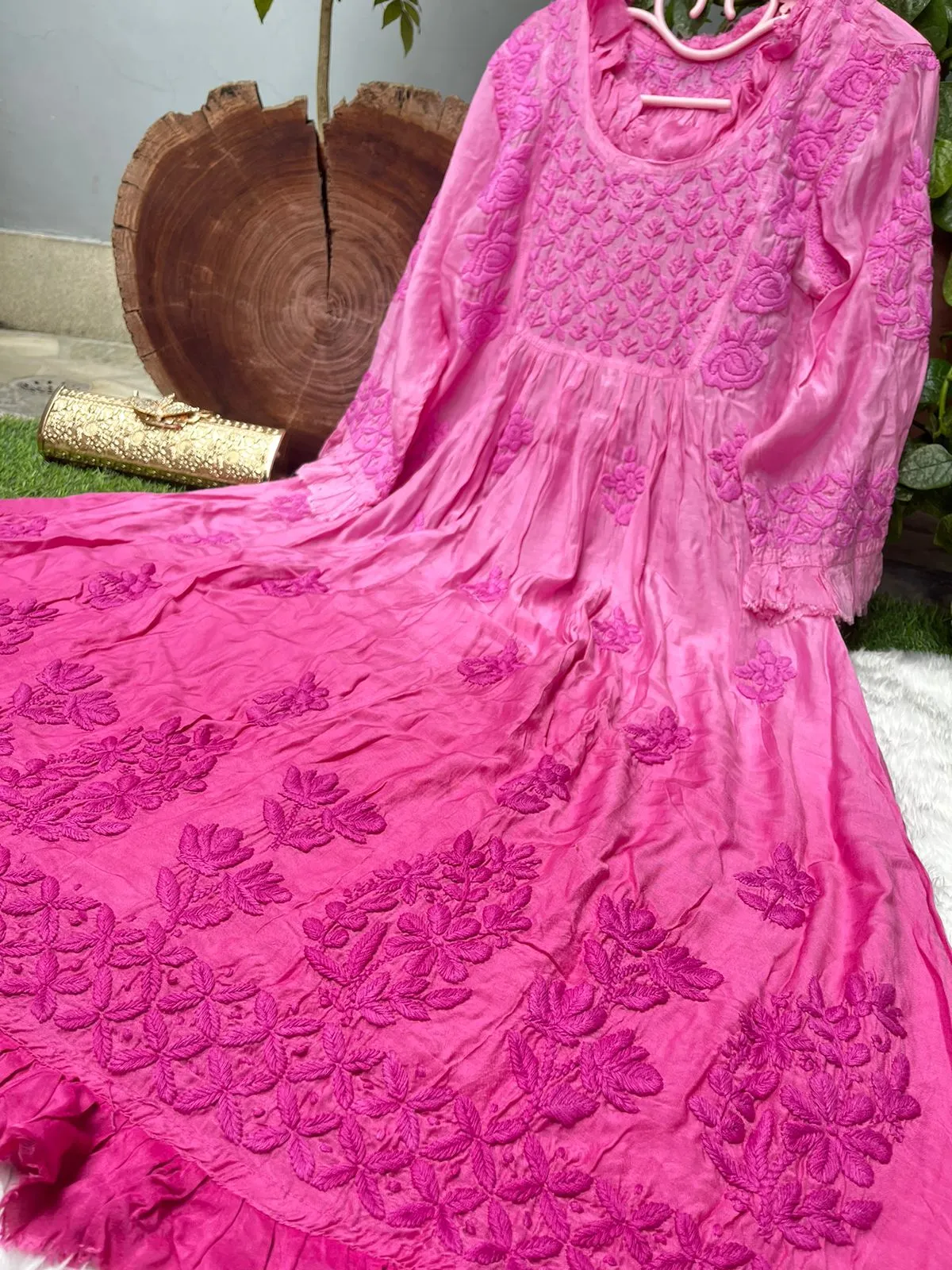 Pink Super Soft Pure Muslin Lucknow Chikankari Gown with Lycra Pants