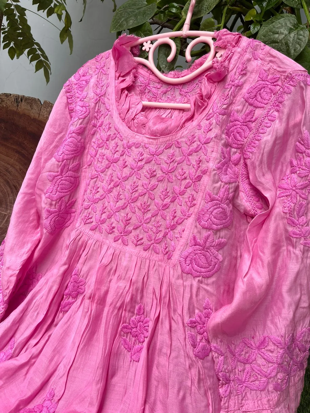 Pink Super Soft Pure Muslin Lucknow Chikankari Gown with Lycra Pants