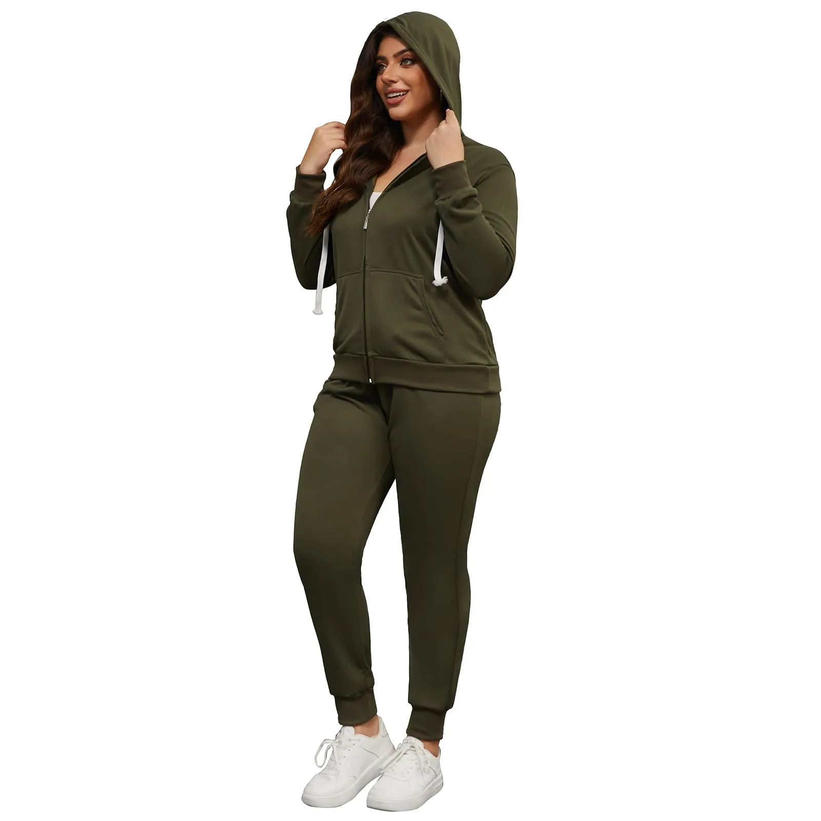 PINSV Women Plus Size 2 Piece Outfits Sweatsuits Full Zip Hooded Sweatshirt Sweatpants Tracksuit Jogging Suits Dark Green 2XL