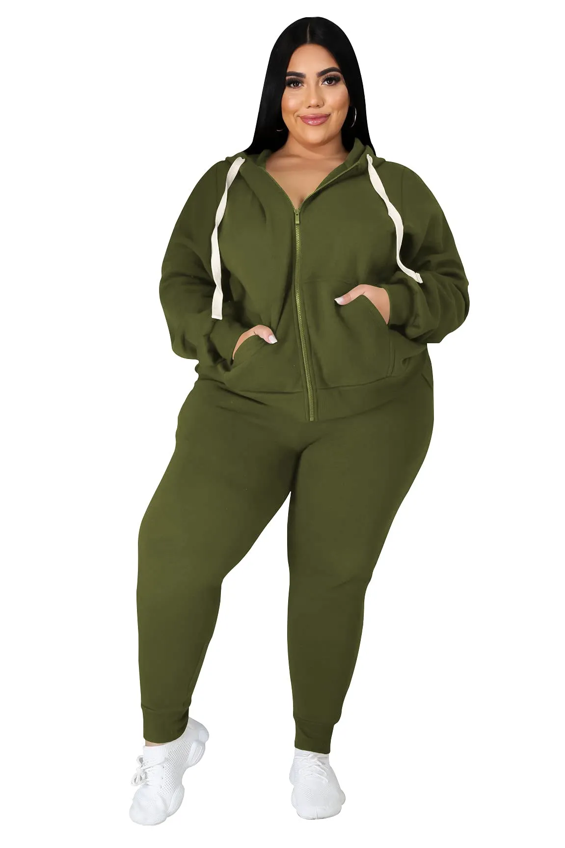 PINSV Women Plus Size 2 Piece Outfits Sweatsuits Full Zip Hooded Sweatshirt Sweatpants Tracksuit Jogging Suits Dark Green 2XL