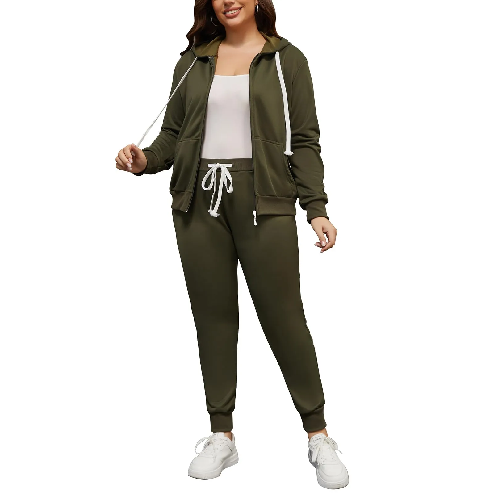 PINSV Women Plus Size 2 Piece Outfits Sweatsuits Full Zip Hooded Sweatshirt Sweatpants Tracksuit Jogging Suits Dark Green 2XL